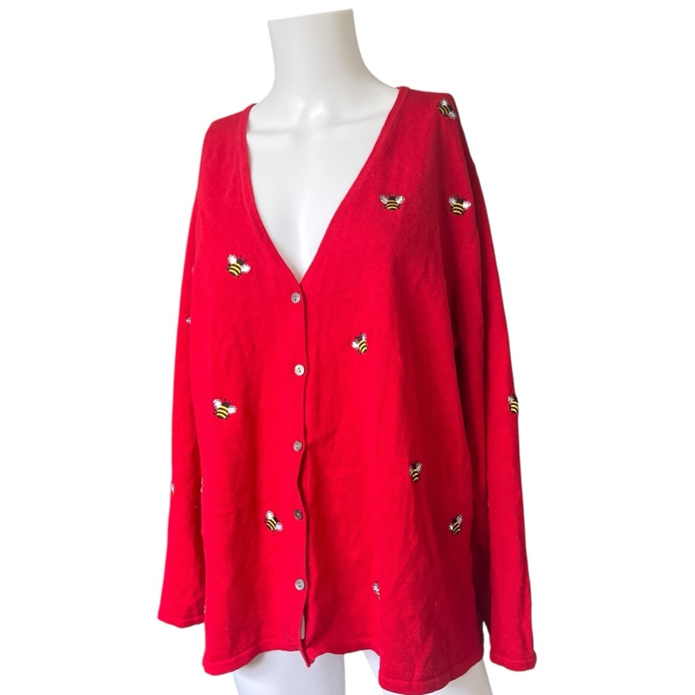 The Quacker Factory Red Bee Cardigan Sweater Button Front Beaded Plus Size 1X